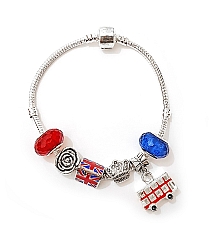 Silver Plated Union Jack Charm Bracelet with Bus